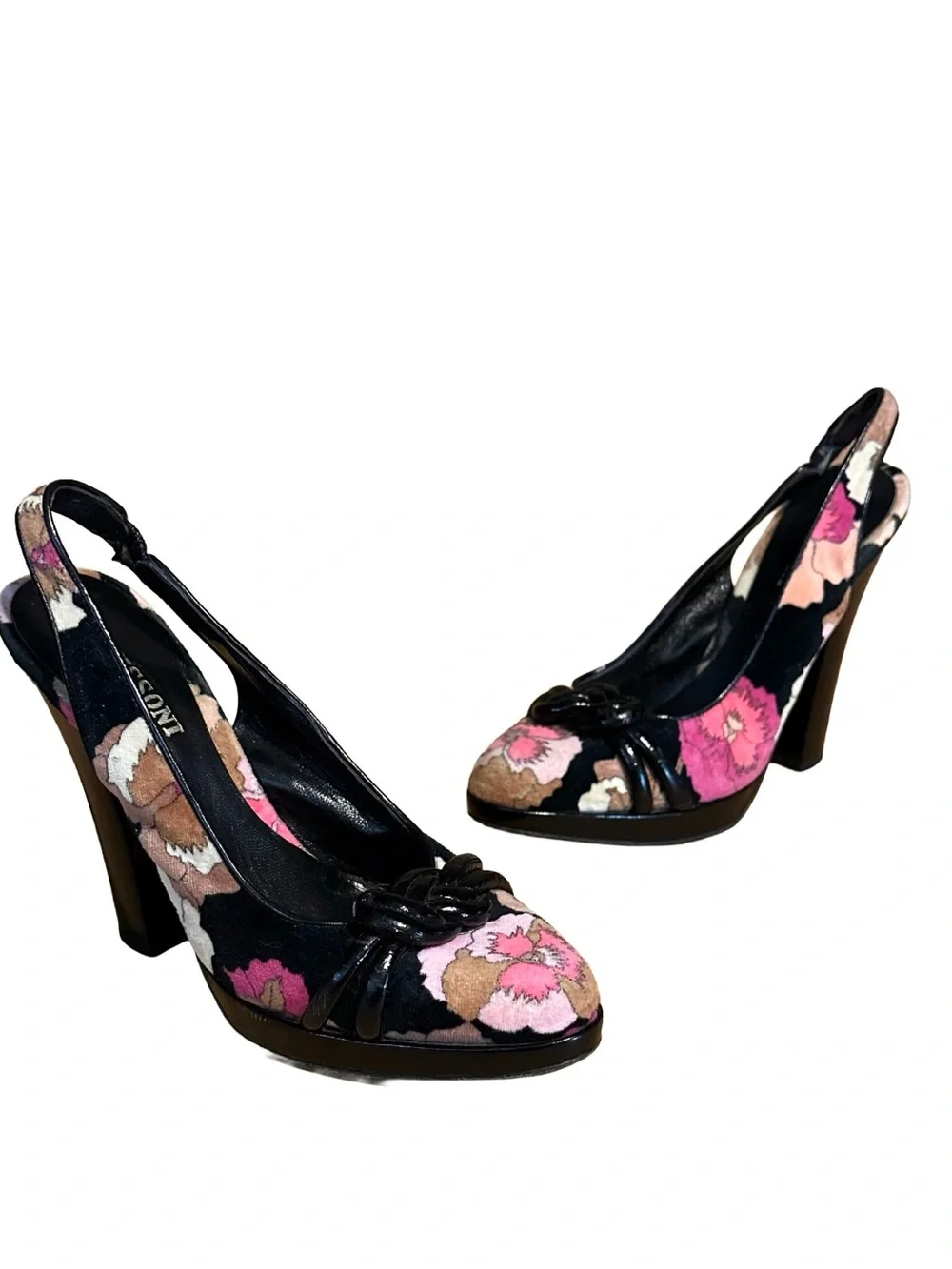 MISSONI BLACK & PINK VELVET FLORAL PRINT SLINGBACK HEELS (36.5)